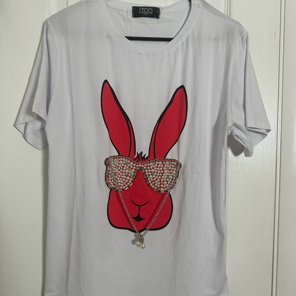 White T-Shirt with Red Rabbit Graphic